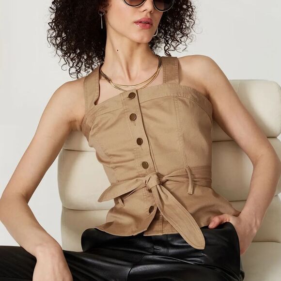 Marissa Webb Tank Top Button Front Tie Waist Tan Neutral Size 6 - Picture 1 of 6